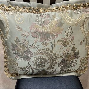 Waterford Accent Pillow green gold rose colored tapestry floral damask pattern